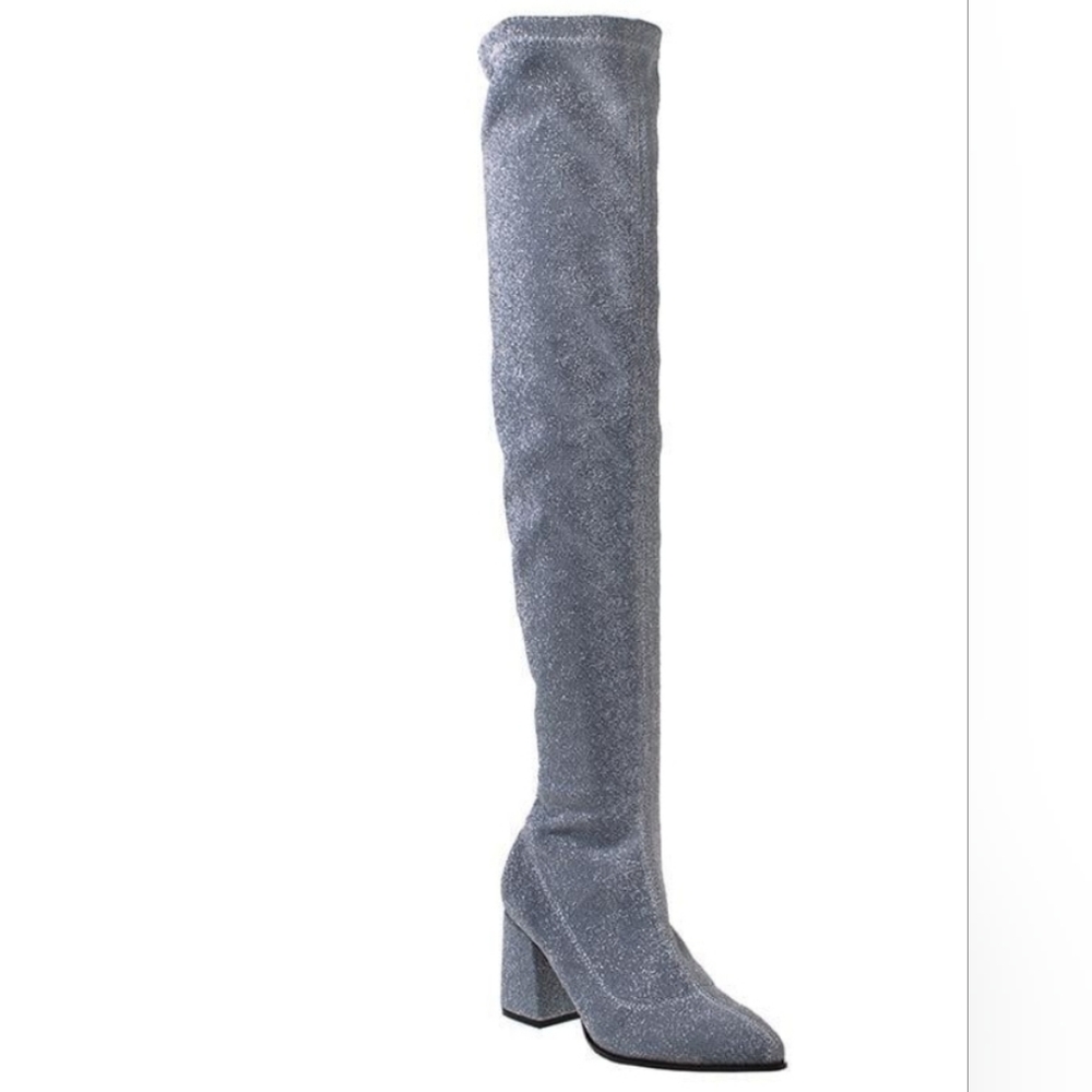SILVER OTK Privileged by LEMON DROP Over the Knee Glitzy Stretch Pull On Boots 9 - Picture 4 of 12